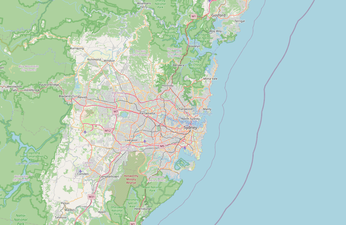 OpenStreetMap overview of Sydney and surrounding suburbs